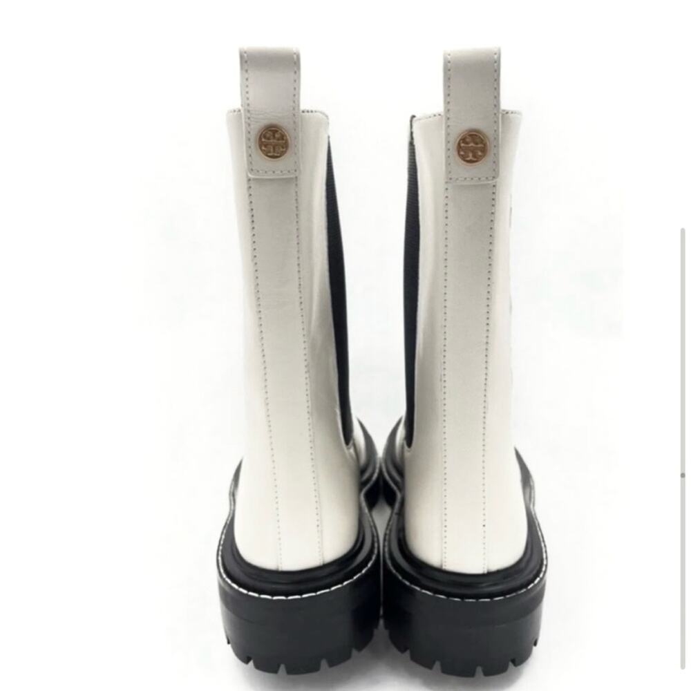 Tory Burch Benton Chelsea Boot Size 8 White Leather Black Lug Platform Sole New